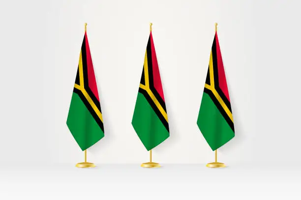 Vector illustration of Three Vanuatu flags in a row on a golden stand, illustration of press conference and other meetings.