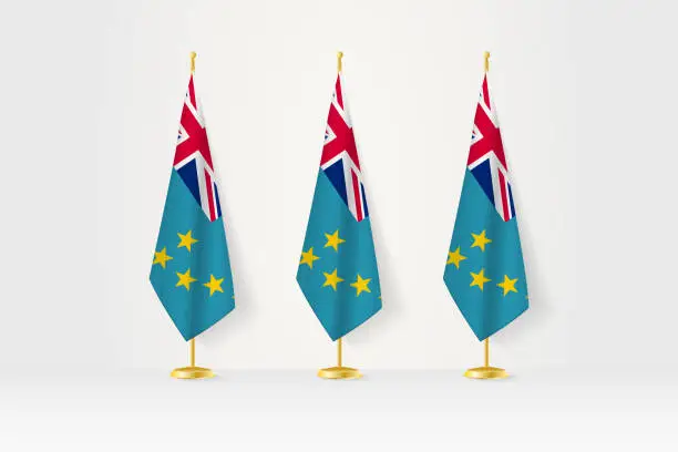 Vector illustration of Three Tuvalu flags in a row on a golden stand, illustration of press conference and other meetings.