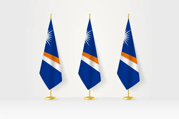 Vector illustration of Three Marshall Islands flags in a row on a golden stand, illustration of press conference and other meetings.