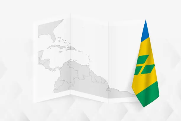 Vector illustration of A grayscale map of Saint Vincent and the Grenadines with a hanging Saint Vincent and the Grenadines flag on one side. Vector map for many types of news.