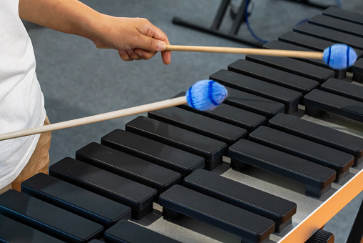 Xylophone closeup, wooden percussion instrument