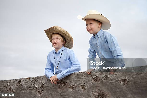 Hermanos Disfrutando De Una Valla De Madera Corral Foto de stock y más banco de imágenes de 10-11 años - 10-11 años, 12-13 años, 4-5 años