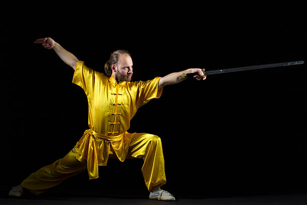 kung-fu pozycji walki z jian miecz na ciemnym tle - wushu concentration conflict skill zdjęcia i obrazy z banku zdjęć