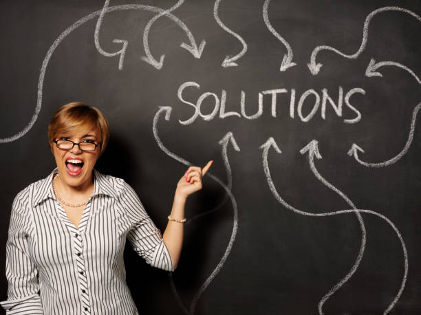 istock Solutions on the Blackboard with a Businesswomen 174814066