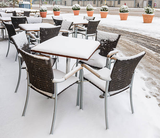 istock Sidewalk cafe onset of winter tables seat snow covered empty 174814213