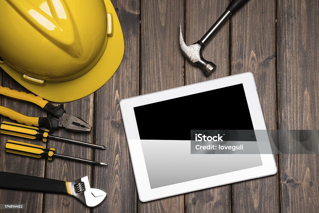 tablet digital com as ferramentas de Construção - Royalty-free Amarelo Foto de stock