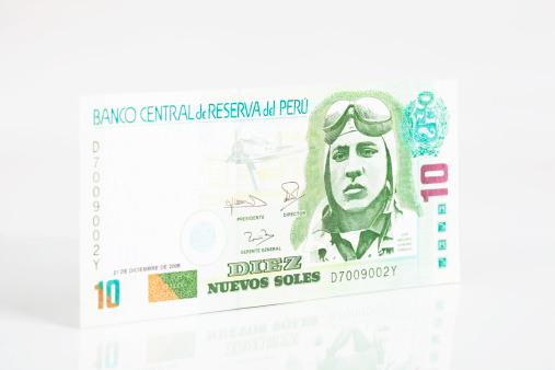 Ten Lari banknote of the National Bank of Georgia on a white background