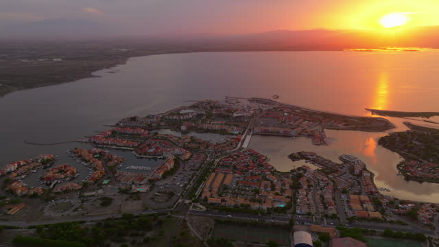 Drone view of the Leucate tourist spot on the Mediterranean Sea, southern France, in summer, during the height of the tourist season. A place for families with children