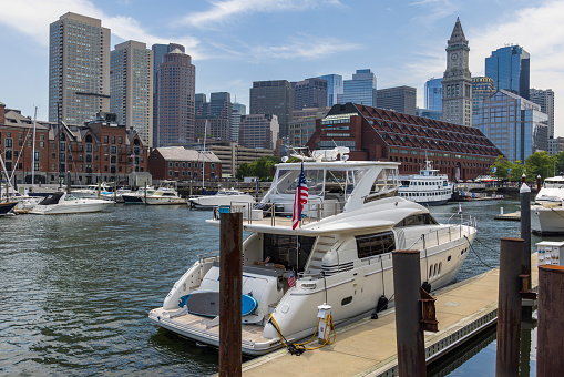 View of the harbor and city skyline of Boston, Massachusetts, USA