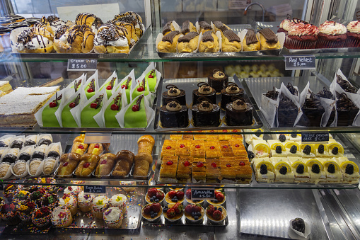 Assorted pastry on display at a bakery shop