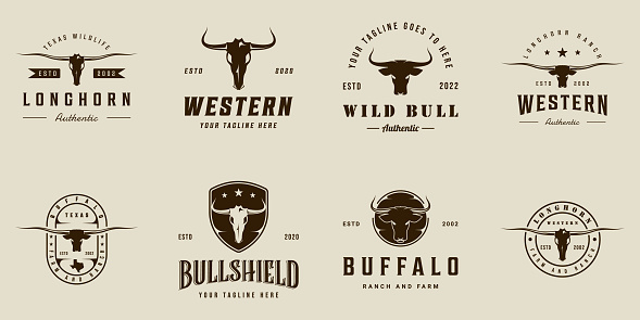 set of longhorn or buffalo logo vintage vector illustration template icon graphic design. bundle collection of various head of animal bull sign or symbol for wildlife or ranch business