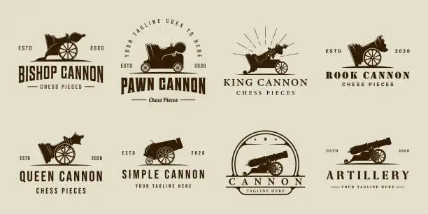 Vector illustration of set of artillery and chess cannon logo vintage vector illustration template icon graphic design. bundle collection of various gun or sport theme sign or symbol military equipment or competition