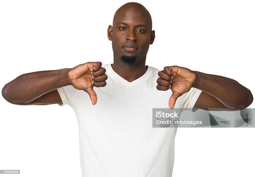 Man Gives Two Thumbs Down Portrait of a man on a white background. Both Thumbs Down Stock Photo