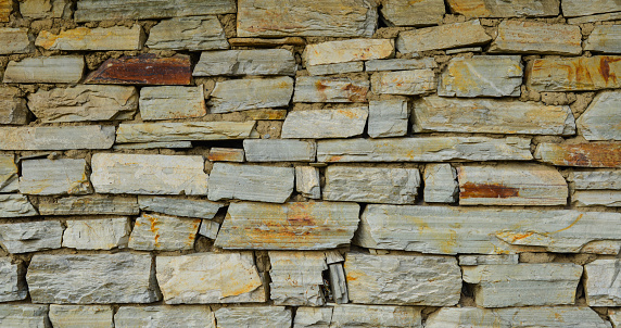 Brown stone wall, part of a wharf beside the river Rhine.