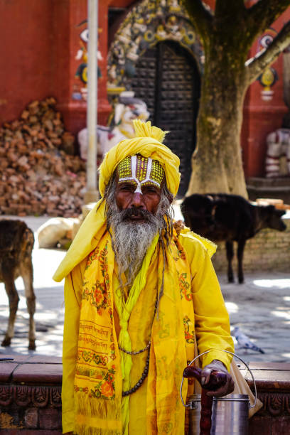Kathmandu, Nepal - Oct 17, 2017. A Sadhu standing at Durbar Squares in Kathmandu, Nepal. Durbar Squares are most prominent remnants of those old kingdoms in Nepal.