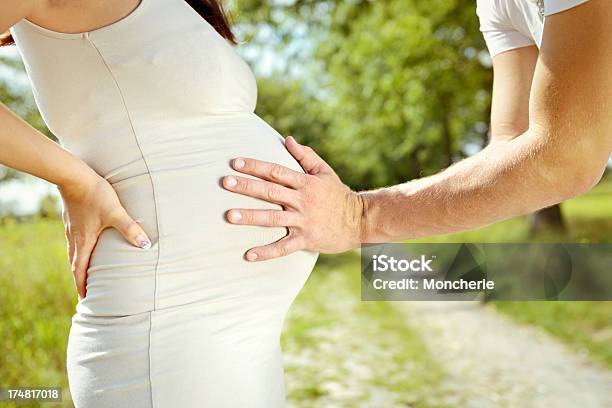 Pareja Embarazada Al Aire Libre Foto de stock y más banco de imágenes de 20 a 29 años - 20 a 29 años, Abdomen, Abdomen humano