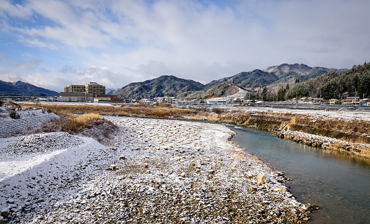 Landscape of winter with river in Nagano, Japan. Nagano Prefecture (Nagano-ken) is a landlocked prefecture of Japan located in the Chubu region.