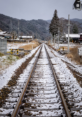 A railtrack at winter in Nagano, Japan. Nagano Prefecture (Nagano-ken) is a landlocked prefecture of Japan located in the Chubu region.