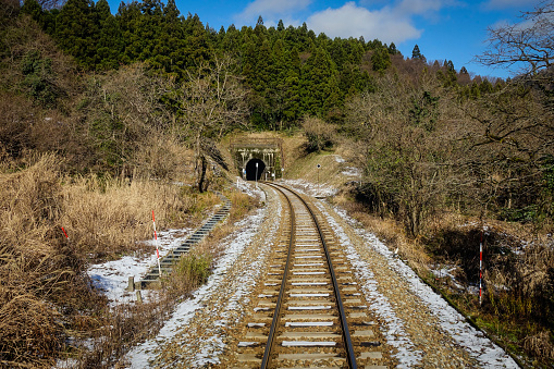 A railtrack with snow in Nagano, Japan. Nagano Prefecture (Nagano-ken) is a landlocked prefecture of Japan located in the Chubu region.