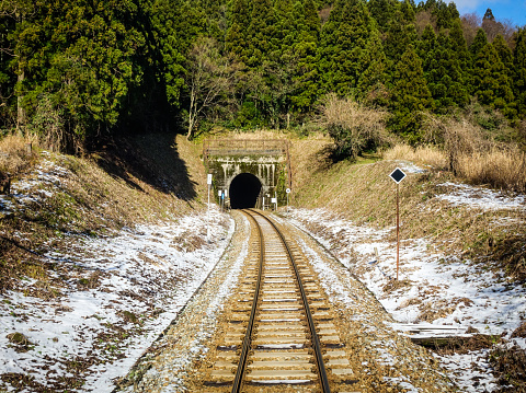 A railtrack with tunnel in Nagano, Japan. Nagano Prefecture (Nagano-ken) is a landlocked prefecture of Japan located in the Chubu region.