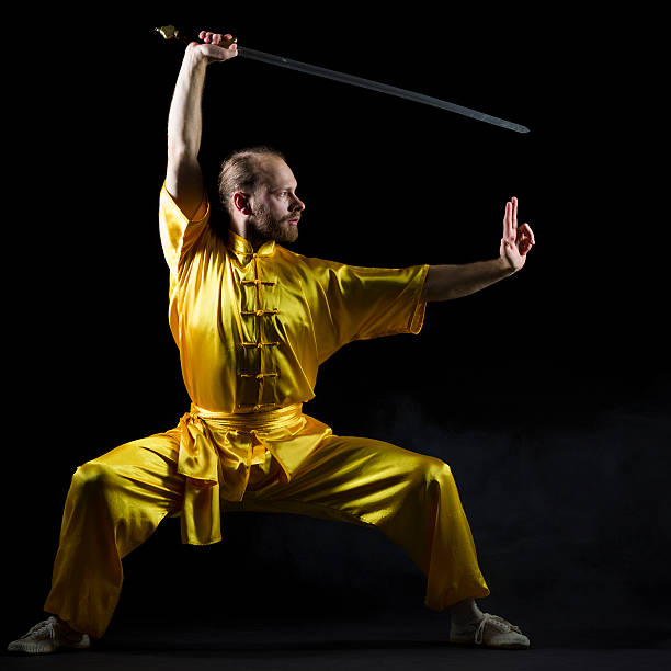 kung-fu pozycji walki z jian miecz na ciemnym tle - wushu concentration conflict skill zdjęcia i obrazy z banku zdjęć