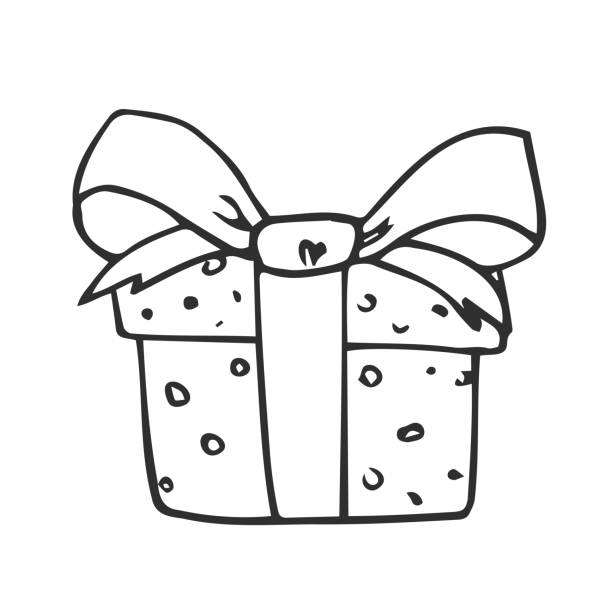 弓付きの贈り物。ボックス、アウトライン、コミック、モノクロ、クリスマス、誕生日、プレゼント。 - birthday card greeting card birthday christmas card点のイラスト素材／クリップアート素材／マンガ素材／アイコン素材