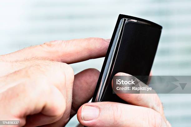 Closeup Of Male Hands Using Mobile Phone Indoors Stock Photo - Download Image Now - Blank, Close-up, Color Image