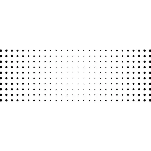 Vector illustration of Horizontal band of black dots on a white background, exhibiting a vertical size gradient.