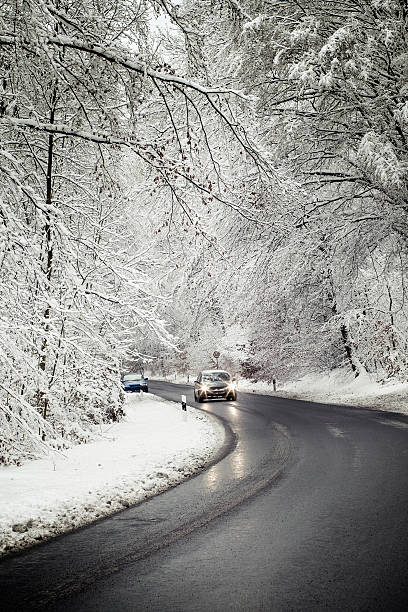 道路を車冬の森 hoar フロスト - car winter road reflector snow ストックフォトと画像