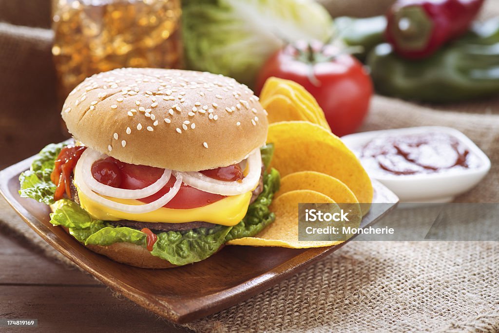 Burger with potato chips Beef Stock Photo