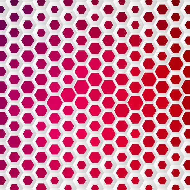 Vector illustration of Hexagons arranged in a honeycomb pattern, each enclosing an inner red hexagon with varying tint and size, crafting a visually appealing geometric design.