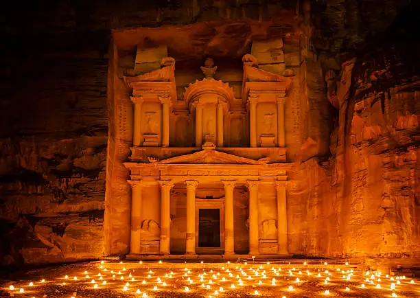"Treasury (Khasneh) in Petra, Jordan at night. Petra by Night in the light of 1,800 candles."