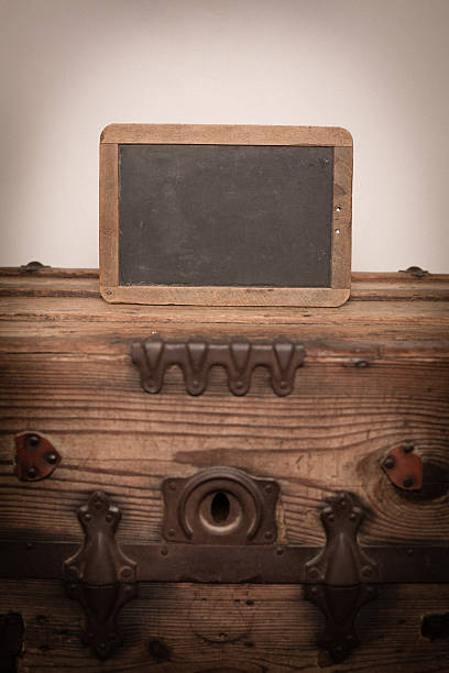 istock Vintage Chalkboard Slate Sitting on Antique Wood Trunk 174819258