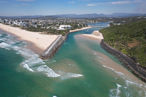 Aerial view of tallebudgera creek and the ocean on the gold coast