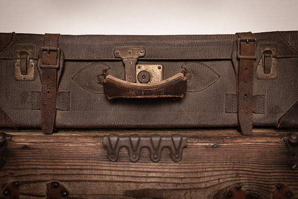 istock Close Up Image of Retro Suitcase Sitting on Wood Trunk 174821096