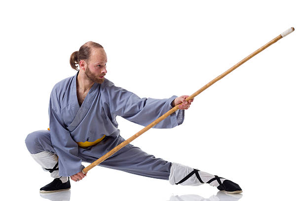 kung fu fighting posizione con wushu cudgel isolato su bianco - martial arts wushu cudgel concentration conflict foto e immagini stock
