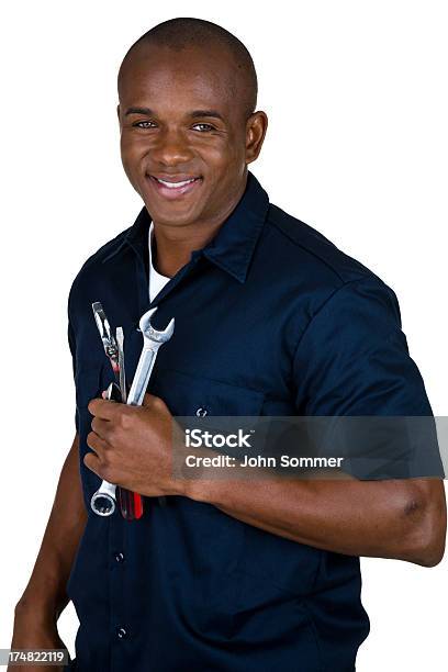 Cheerful Mechanic Stock Photo - Download Image Now - Mechanic, White Background, Plumber