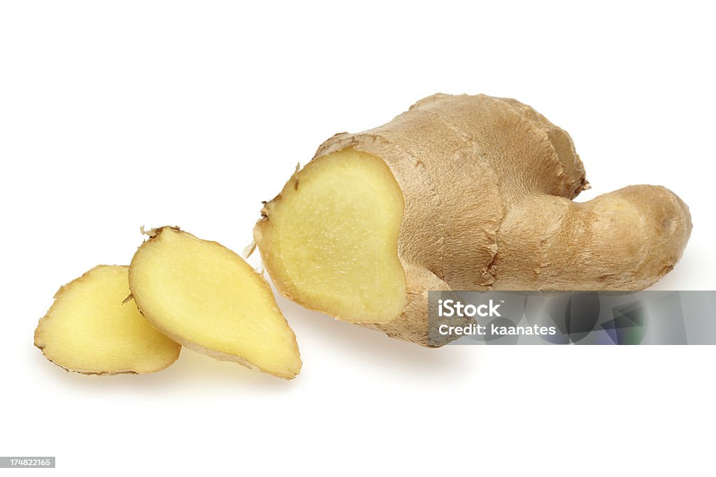 Whole and sliced ginger Whole and sliced ginger root in isolated white background Ginger - Spice Stock Photo