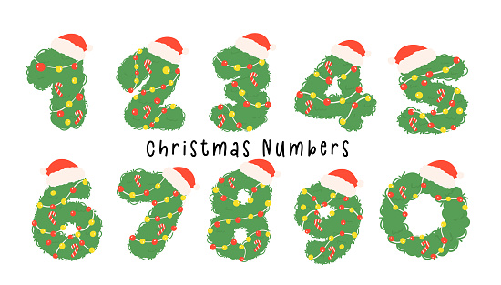 adorable Christmas numbers 0-9, featuring festive wreaths and Santa hats. These kid-friendly, playful designs are perfect for creating cheerful and joyful holiday decorations and materials.