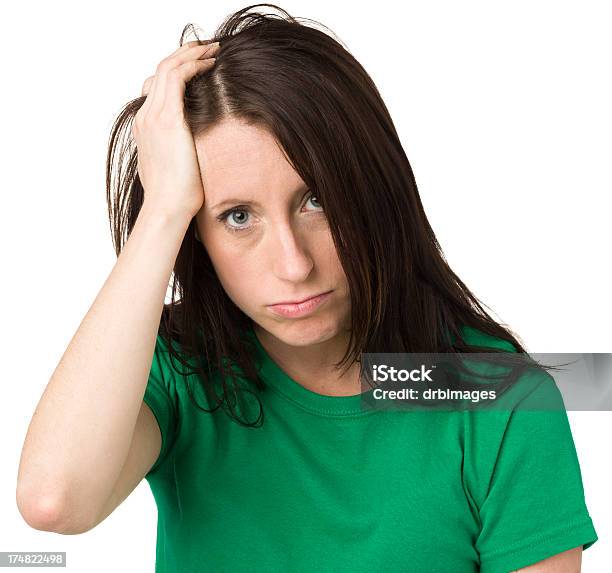 Stressed Young Woman Holding Head Stock Photo - Download Image Now - 20-29 Years, 25-29 Years, Adult