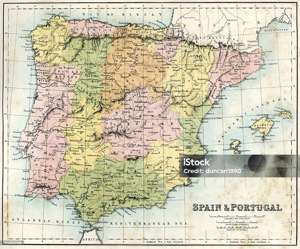 Mapa antigo de Espanha e de Portugal - Ilustração de Mapa royalty-free