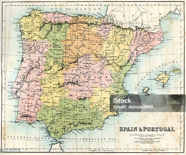 Vetores de Mapa Antigo De Espanha E De Portugal e mais imagens de Mapa - Mapa, Portugal, Andaluzia