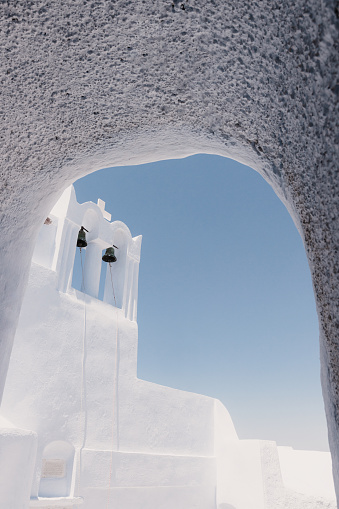 Cycladic church in Pyrgos, Santorini, Greece, white and blue
