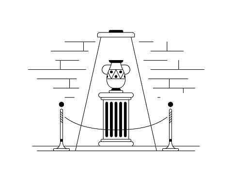 Antique artifact, vase, an exhibition column with a rope barrier, history museum, black and white outline illustration.