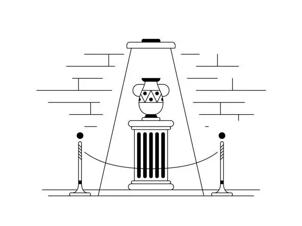 Vector illustration of Antique artifact, vase, an exhibition column with a rope barrier, history museum, black and white outline illustration.