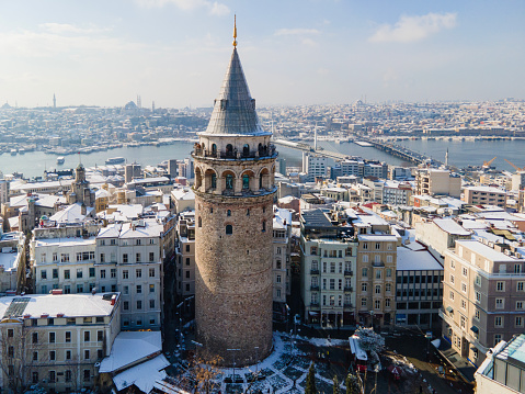 Galata Tower in the Winter Season Drone Photo, Galata Beyoglu, Istanbul Turkiye (Turkey)
