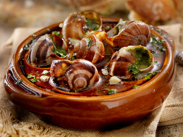 cassolette d'escargots - garlic butter snail garlic herb photos et images de collection