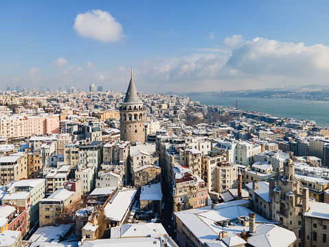 Galata Tower in the Winter Season Drone Photo, Galata Beyoglu, Istanbul Turkiye (Turkey)