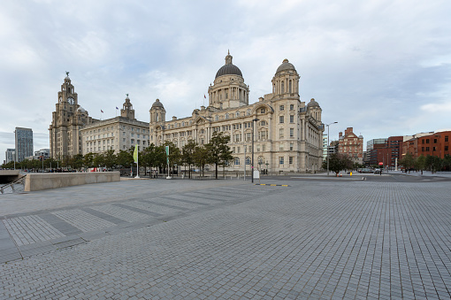 Liverpool, united kingdom May, 16, 2023  Pier Head and The Three Graces, consist of the Royal Liver Building, The Cunard Building and the Port of Liverpool Building