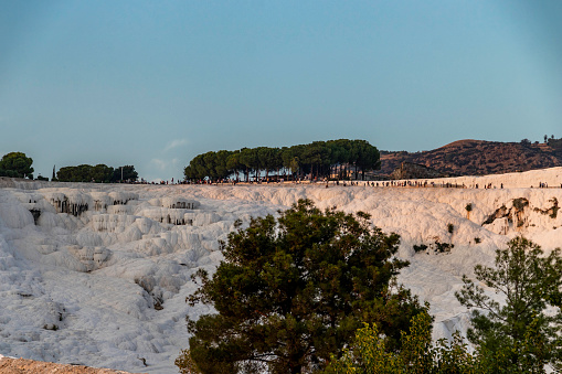 The travertines of Pamukkale and its pools, the rarest places in the world and of unique beauty. Pumakkale, Türkiye 2023
